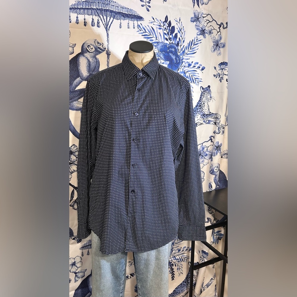 Hugo Boss Dark Blue Patterned Tailored Casual Button Down Shirt